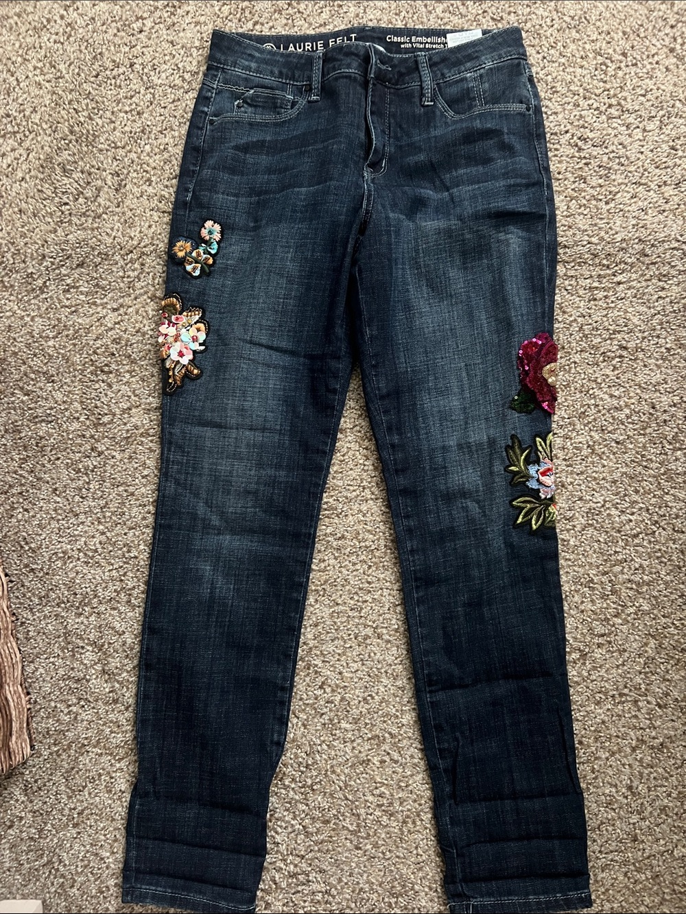 Laurie Felt Dark Blue Skinny Jeans with Floral Embellishments